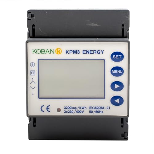KOBAN KPM3 ENERGY SMART Dreiphasen-Energieverbrauchsmesser mit LCD-Display. Elektrischer Zähler für Spannung, Stromstärke, Frequenz und Leistung. Digitaler Energiemesser mit DIN von KOBAN
