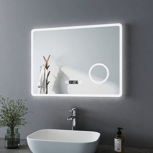 Bath-Mann LED Badspiegel 80x60cm mit Beleuchtung Kaltweiß Badezimmerspiegel Spiegel mit Touch Lichtschalter, 3X Vergrößerung Lupe Schminkspiegel, Beschlagfrei, Uhr, Wandspiegel Horizontal von KOBEST
