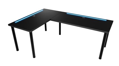 KOBI Gaming Tische mit LED Model N | 160 + 110 x 50 x 73 cm PC Tisch | Schwarz Höhenverstellbar Ecktisch Gamingtische | Eck Schreibtisch | Unterhaltung Wissenschaft | Ergonomisch Gamer Computer Desk von KOBI