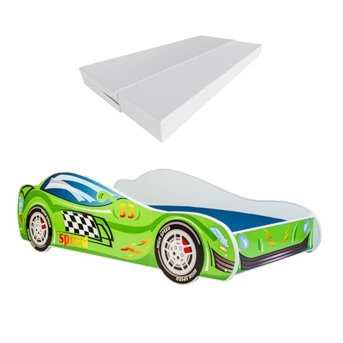 KOBI Kinderbett mit Rausfallschutz Auto | Rennwagen | 160 x 80 cm | Jugendbett mit Matratze | Kinderbetten Jungen Mädchen | Einzelbett Kinder Bett Autobett von KOBI