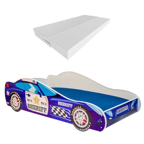 KOBI Kinderbett mit Rausfallschutz Auto | Sheriff Polizei | 140 x 70 cm | Jugendbett mit Matratze | Kinderbetten Jungen Mädchen | Einzelbett Kinder Bett Autobett von KOBI
