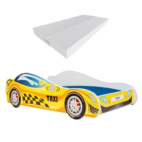 KOBI Kinderbett mit Rausfallschutz Auto | Taxi | 160 x 80 cm | Jugendbett mit Matratze | Kinderbetten Jungen Mädchen | Einzelbett Kinder Bett Autobett von KOBI