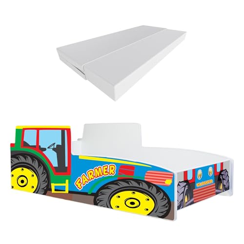 KOBI Kinderbett mit Rausfallschutz Bauernhof | Mehrfarbiger Traktor | 160 x 80 cm | Jugendbett mit Matratze | Kinderbetten Jungen Mädchen | Einzelbett Kinder Bett Autobett von KOBI