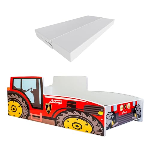 KOBI Kinderbett mit Rausfallschutz Bauernhof | Roter Traktor | 140 x 70 cm | Jugendbett mit Matratze | Kinderbetten Jungen Mädchen | Einzelbett Kinder Bett Autobett von KOBI