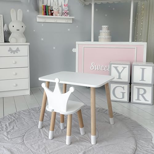 KOBI Kindertisch und -Stuhl | Modernes Kinderzimmermöbel-Set | Holztisch mit Ablage + Designerstuhl | 1,5-7 Jahre (weiß/Krone) von KOBI
