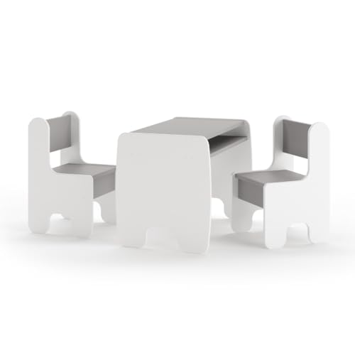 KOBI Set Tisch + 2 Stühle für Kinderzimmer | Für Kinder - Mädchen und Jungen | Maltisch | Kindertisch (Tisch + 2 Stühle - weiß/grau) von KOBI