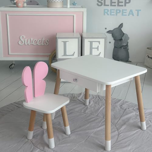 KOBI Set Tisch mit Schublade + Stuhl für Kinder | Moderne Möbel für Kinderzimmer | Ideal für Kinder (rosa/Schmetterling) von KOBI