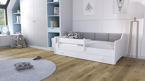 KOBI Weißes Eryk-Kinderbett | 160x80 | Polsterplatten | Schublade, Matratze, Geländer | Für das Kinderzimmer | Für EIN Mädchen | Für einen Jungen (Graue Paneele) von KOBI