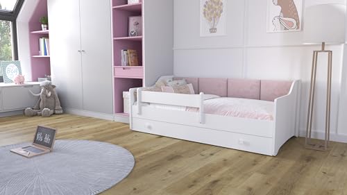 KOBI Weißes Eryk-Kinderbett | 160x80 | Polsterplatten | Schublade, Matratze, Geländer | Für das Kinderzimmer | Für EIN Mädchen | Für einen Jungen (Rosa Paneele) von KOBI