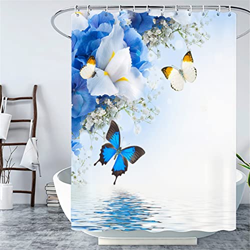 Duschvorhang 120x200cm Anti-Schimmel Wasserabweisend Polyester Stoff Duschvorhänge Waschbar Bad Vorhänge mit 12 Duschvorhangringe und Beschwerter Saum, für Badezimmerbadewannen, Blauer Schmetterling von KOBONA