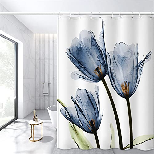 KOBONA Duschvorhang 180x200cm Anti-Schimmel Wasserabweisend Polyester Stoff Duschvorhänge Waschbar Bad Vorhänge mit 12 Duschvorhangringe und Beschwerter Saum, für Badezimmerbadewannen, Blaue Blume von KOBONA