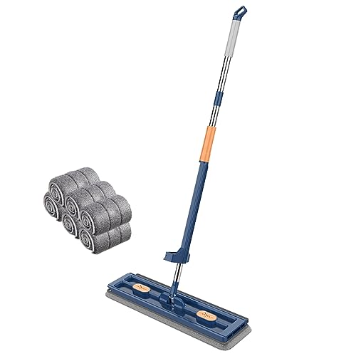 Großer Flachmop,Flacher Wischmopp,360° Drehgelenk Bodenwischer Set Flachmopp mit Wiederverwendbaren Mikrofaser-Wischpads,Flach Mopp Wischmopp mit Auswringfunktion for Alle Böden (Blaues+6 Tuch) von KOBONA