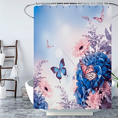 KOBONA Duschvorhang 120x180cm Anti-Schimmel Wasserabweisend Polyester Stoff Duschvorhänge Waschbar Bad Vorhänge mit 12 Duschvorhangringe und Beschwerter Saum, für Badezimmerbadewannen, Blaue Blume von KOBONA