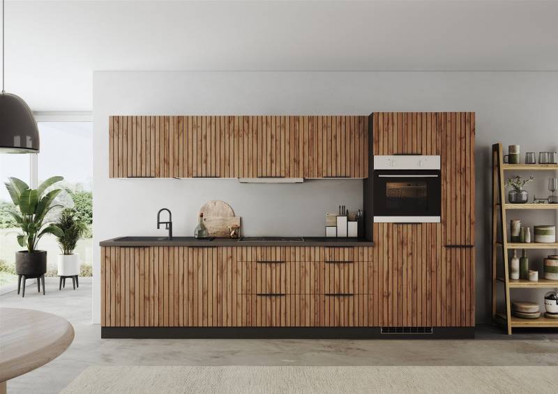 KOCHSTATION Küchenzeile KS-Lagos, wahlweise mit E-Geräten, Spüle edelstahl oder schwarz, Breite 330cm, Ceran-oder Induktionskochfeld,mit oder ohne Kühlschrank von KOCHSTATION