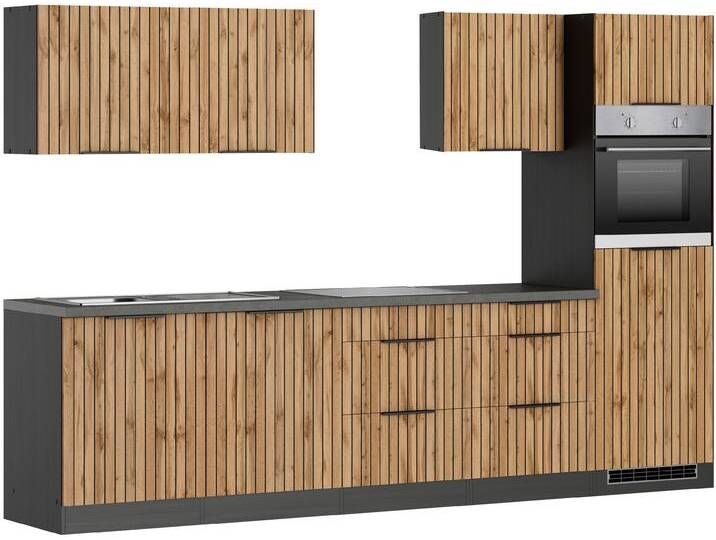 Küchenzeile KOCHSTATION KS-Lagos, Breite 300 cm, wahlweise mit E-Geräten , beige (front: listrado eiche, korpus: grafitgrau, arbeitsplatte: betongrau), B:300cm H:200cm T:60cm, Komplettküchen-Sets, Küchenzeile, Ceran-oder Induktionskochfeld, Spüle in edelstahl oder schwarz von KOCHSTATION