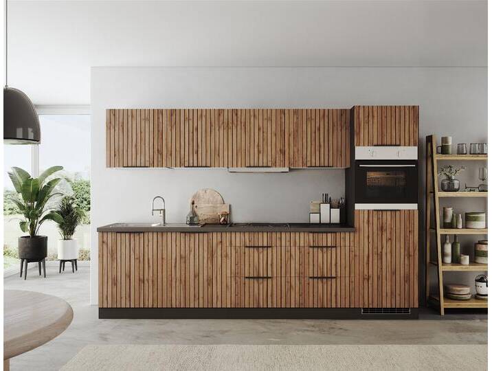 Küchenzeile KOCHSTATION KS-Lagos, Breite 300 cm, wahlweise mit E-Geräten , beige (küche: natur, front: listrado eiche, korpus: grafitgrau, arbeitsplatte: betongrau), B:300cm H:200cm T:60cm, Komplettküchen-Sets, Küchenzeile, Ceran-oder Induktionskochfeld, Spüle in edelstahl oder schwarz von KOCHSTATION