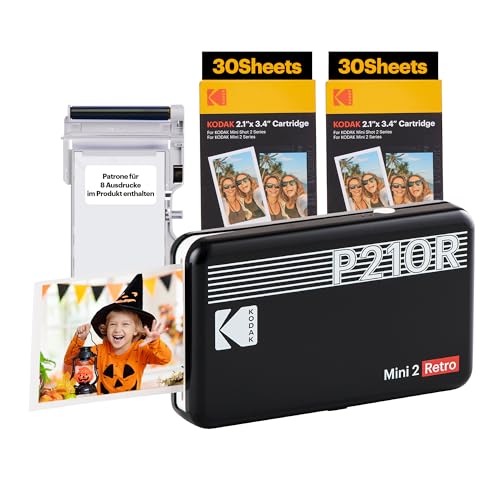 KODAK Mini 2 Retro 4PASS Mobiler Fotodrucker (5,3x8,6cm) - Paket met 68 Blatts, Schwarz von KODAK