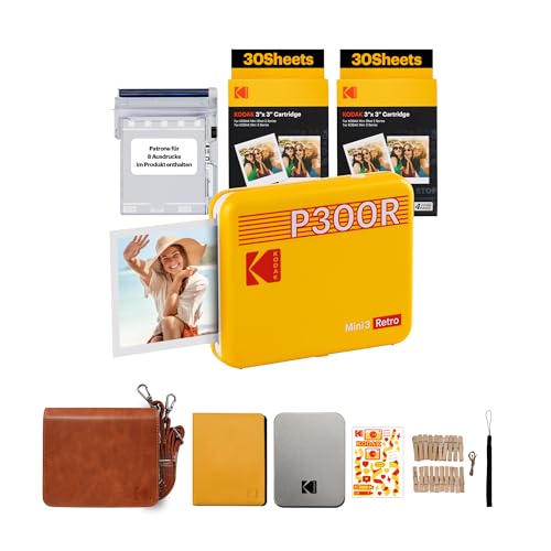 KODAK Mini 3, tragbarer Fotodrucker, kabellos, iOS und Android, Bluetooth, 76 x 76 mm, 4 Pass-Technologie, laminiertes Fotopapier, 68 Blatt – Gelb von KODAK