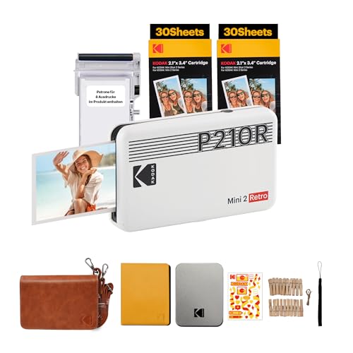 KODAK Mini 2 Retro 4PASS Mobiler Fotodrucker (5,3x8,6cm) - Gift Paket met 68 Blatts, Weiß von KODAK