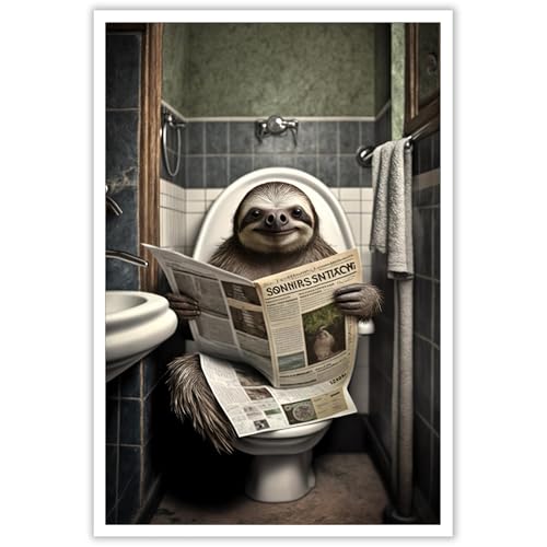 KOEUIRW Lustiges Faultier Badezimmer Leinwand Wandkunst Niedliches Faultier In Toilette Poster Schwarz und Weiß Tierdrucke Gemälde Maximalistisch Mitte Jahrhundert Moderne Ästhetische Wanddekoration von KOEUIRW