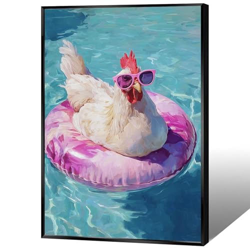 KOEUIRW Lustiges Huhn-Badezimmer-Leinwandkunst, niedliches Huhn im Pool, Poster, trendiger Sommer-Tierdruck, Gemälde, maximalistische, moderne, ästhetische Wanddekoration für Badezimmer, Wohnzimmer von KOEUIRW