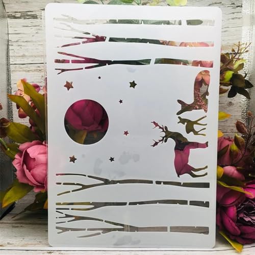 Schablonen zum Malen, A4, 29 cm, Mondwald, Baum, Hirsch, Zeichenschablone zum Malen auf Holz, Wand, Stoff, Möbel, Boden, Schablonen für Bastelprojekte von KOFORULAIG