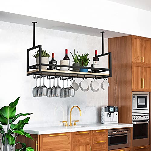 Deckenweinregal, hängende Weinglasregale, Kelch- und Stielglasregale, rustikale Lagerregale aus Holz, für Küche/Bar/Esszimmer, (Größe: 100 x 30 x 60 cm) von KOHARA