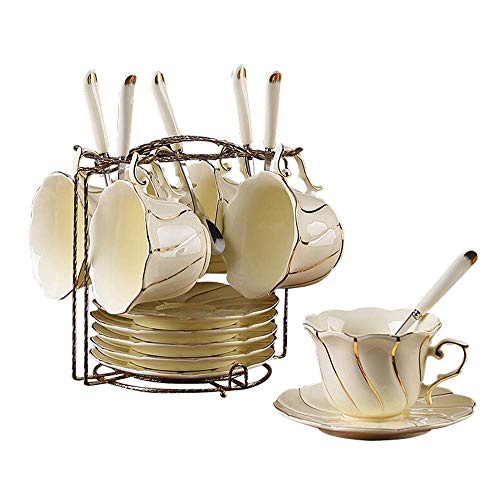 KOHARA Teeservice im britischen Stil, einfacher Keramikhalter mit Metallrand, Teeservice, europäisches Kaffeetassen-Set, 19 europäisches Retro-Teeservice (Farbe: Weiß, Größe: 19 Stück) von KOHARA