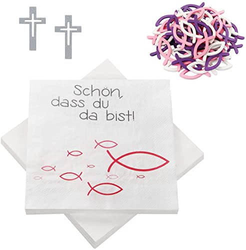 KOHMUI 60 Stücke Holz Fische Deko und 20 Servietten 'Schön, DASS du da bist!', Pink Lila Weiß Fisch Dekoration Tischdeko für Taufe, Kommunion Konfirmation oder andere Festliche Anlässe von KOHMUI
