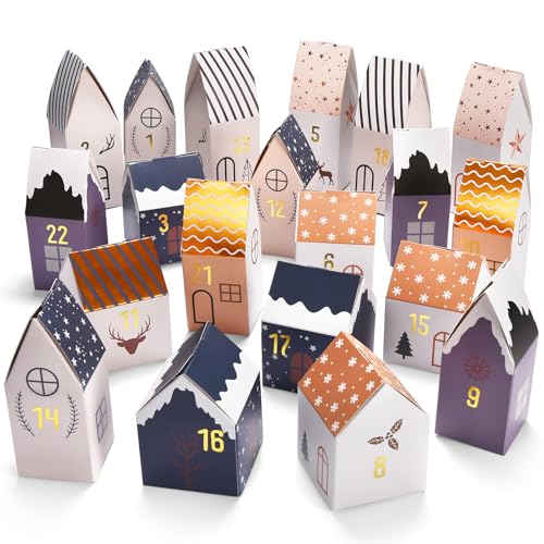 KOHMUI Adventskalender zum Befüllen, 24 Weihnachtskalender Häuser zum Selber Basteln, Boxen Weihnachtsdorf Advents Selbstbefüllen Hausform Bastelset von KOHMUI