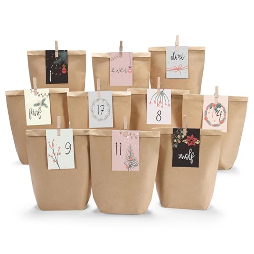 KOHMUI Adventskalender zum Befüllen, 24 Weihnachtskalender Kraftpapiertüten zum Selber Befüllen, Advents Tüten Selbstbefüllen mit 24 Zahlen Karten von KOHMUI