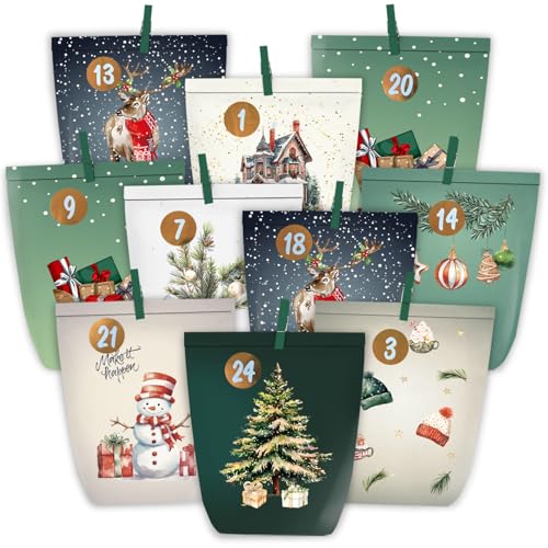 KOHMUI Adventskalender zum Befüllen, 24 Weihnachtskalender zum Selber Basteln, Adventstüten Papiertüten mit Zahlen Aufkleber zum Selbstbefüllen von KOHMUI