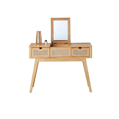 Schminkspiegel Mit Beleuchtung Und Tischset Holz Frisiertisch Home Wabi-sabi Stil Rattan Schminktisch Einfacher Schreibtisch Teenager-Eitelkeit Mit Spiegel Und Hocker von KOHUS