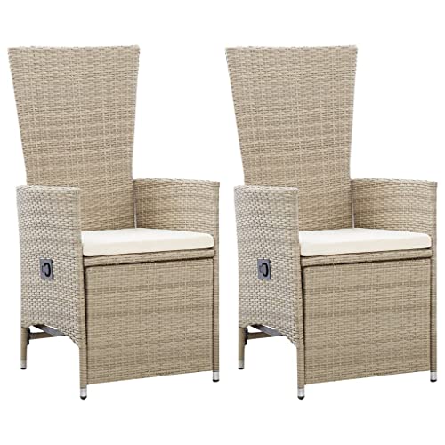 KOIECETA 2X Gartenstuhl mit Auflagen Relaxstuhl Sessel Sonnenliege Stuhl Hochlehner Gartenmöbel Rattansessel Poly Rattan (Verstellbare Rückenlehne und Fußstütze, Beige) von KOIECETA