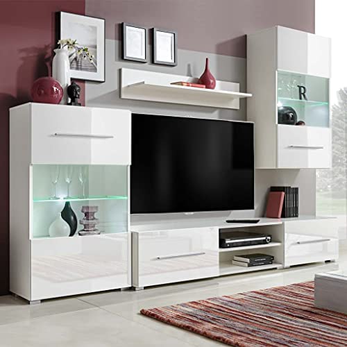 KOIECETA 5-TLG. Hochglanz Wohnwand Mediawand TV-Schrank mit LED-Beleuchtung Weiß von KOIECETA