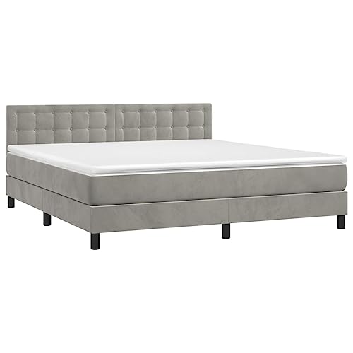 KOIECETA Boxspringbett mit Matratze LED Bett Einzelbett Bettgestell Polsterbett Bettrahmen Lattenrost Schlafzimmerbett Hotelbett Samt (Hellgrau, 160x200 cm) von KOIECETA