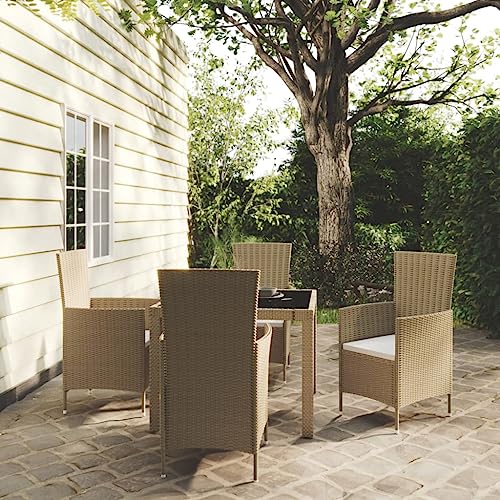 KOIECETA Gartenmöbel 5-TLG. Garten-Essgruppe mit Kissen Gartengarnitur Sitzgruppe Gartenset Sitzgarnitur Gartentisch Esstisch Tisch Stühle Poly Rattan Beige von KOIECETA