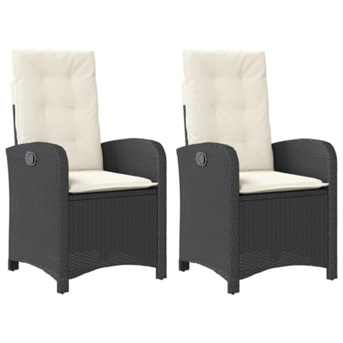 KOIECETA Gartensessel mit Kissen 2 STK. Gartenstuhl mit Verstellbarer Rückenlehne Liegestuhl mit Stahlrahmen Sessel Stuhl Relaxsessel Poly Rattan Schwarz von KOIECETA