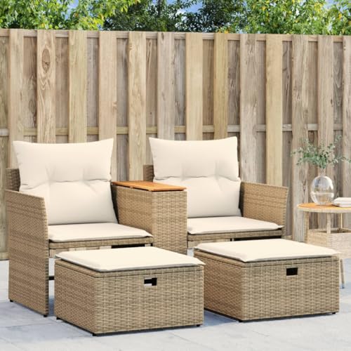 KOIECETA Gartensofa 2-Sitzer Outdoor Sofa mit eingebauter Ablage Terrassensofa mit Hockern Gartenmöbel Sofagarnitur Gartengarnitur Poly Rattan Beige von KOIECETA