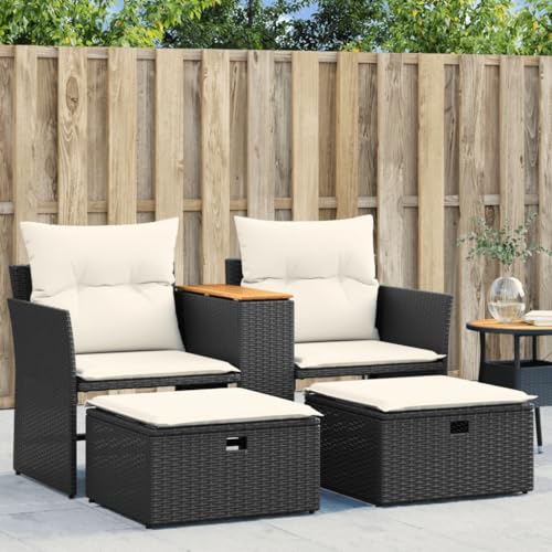 KOIECETA Gartensofa 2-Sitzer Outdoor Sofa mit eingebauter Ablage Terrassensofa mit Hockern Gartenmöbel Sofagarnitur Gartengarnitur Poly Rattan Schwarz von KOIECETA