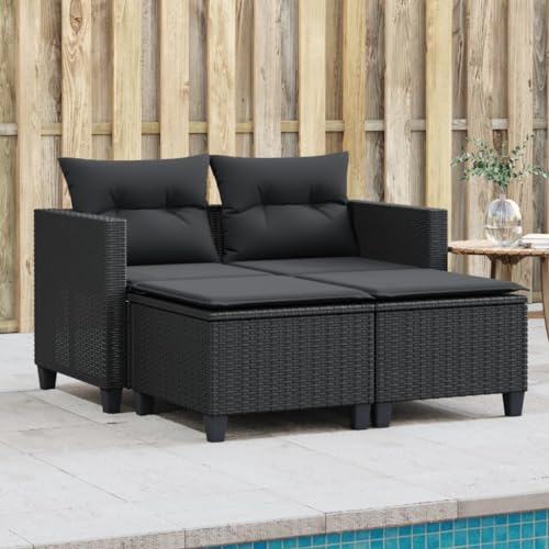 KOIECETA Gartensofa 2-Sitzer mit Hockern Outdoor Sofa Gartenmöbel Garten Lounge Set Terrasse Terrassenmöbel Zweisitzer Schwarz Poly Rattan von KOIECETA