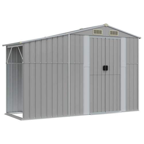 KOIECETA Gerätehaus Gartenhaus mit Schrägdach Griffe Gartenschuppen Schuppen mit Stauraum Geräteschuppen Metallschuppen Grau 277x93x179 cm Verzinkter Stahl von KOIECETA