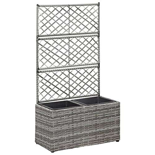 KOIECETA Hochbeet mit Rankgitter 2 Töpfe Pflanzkübel Pflanzkasten Blumenkübel Spalier Gartenspalier Rankhilfe Rankkasten 58x30x107cm Poly Rattan Grau von KOIECETA