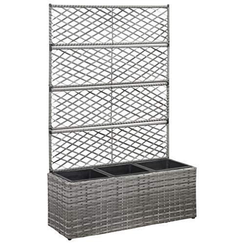 KOIECETA Hochbeet mit Rankgitter 3 Töpfe Pflanzkübel Pflanzkasten Blumenkübel Spalier Gartenspalier Rankhilfe Rankkasten 83x30x130cm Poly Rattan Grau von KOIECETA