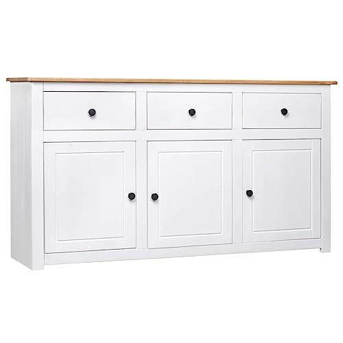 KOIECETA Massivholz Panama-Kiefer Sideboard mit 3 Schubladen 3 Türen Kommode Beistellschrank Mehrzweckschrank Anrichte Schrank 135x40x80cm Weiß von KOIECETA