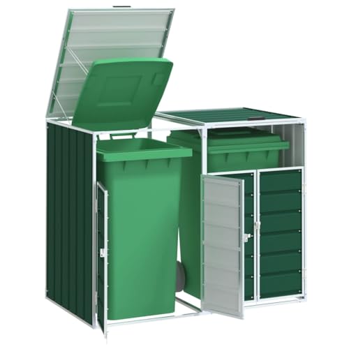 KOIECETA Mülltonnenbox Mülltonne Müllbox Mülltonnenverkleidung Doppelbox Müllcontainer Gerätebox für 2 Tonnen Grün 144x81x113 cm Stahl von KOIECETA