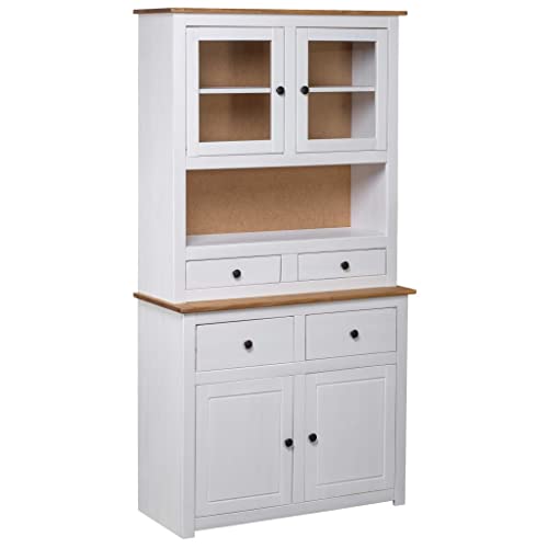 KOIECETA Panama-Kiefer Massiv Highboard mit 4 Schubladen 4 Türen Rustikal Kommode Anrichte Schrank Vitrine Standschrank 93x40,5x180cm (Weiß) von KOIECETA