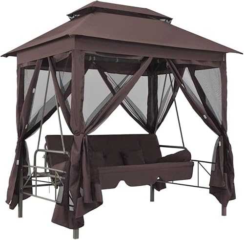 KOIECETA Pavillon Umwandelbare Schaukelbank Gartenschaukel mit Bettfunktion Hollywoodschaukel Hängeschaukel Gartenmöbel Liege Kaffeebraun von KOIECETA