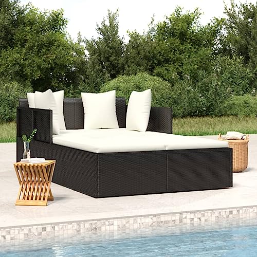 KOIECETA Sonnenliege Gartenliege mit Kissen 2-Personen Liegestuhl Liege für Pool Garten Terrasse Relaxliege Strandliege Gartenmöbel Poly Rattan Schwarz von KOIECETA