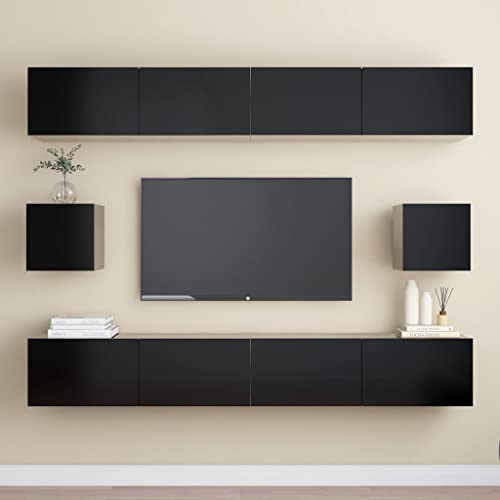 KOIECETA TV Schrank Set 6-TLG. Wohnwand Schrankwand Anbauwand Hängeschrank Lowboard TV Möbel Wandschrank Fernsehschrank HiFi-Schrank Holzwerkstoff (Schwarz, 100 x 30 x 30 cm) von KOIECETA